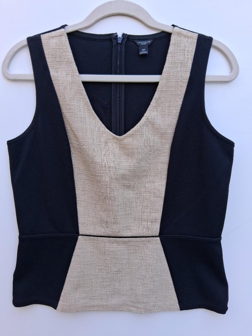 Vintage ANN TAYLOR V-neck peplum sleeveless top with zip, black & cream (s. MP)